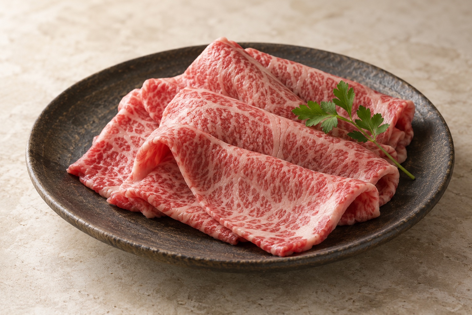 陶器の皿に盛った霜降りの牛肉