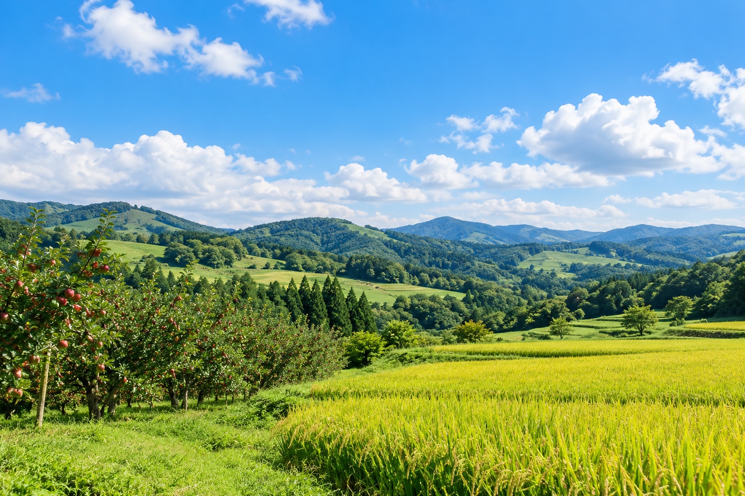 青空の下に広がる架空の田んぼと果樹園、緑の丘