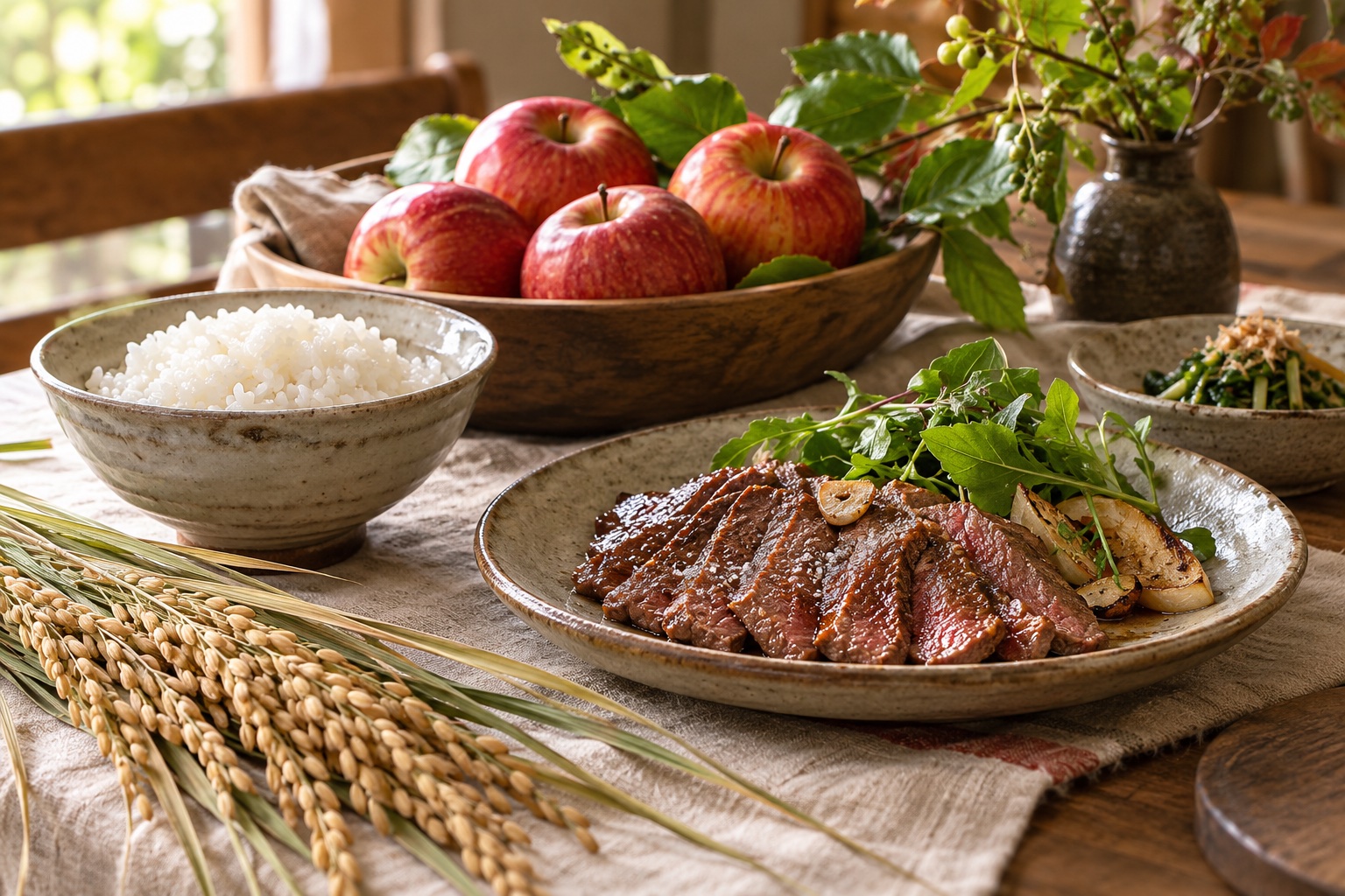 炊きたてのごはん、牛肉料理、赤いりんごが並ぶ温かな食卓